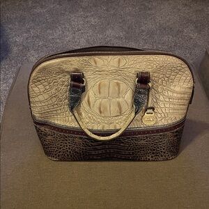Elegant Brahmin Crocodile-Embossed Tan and Brown Handbag 7 x 14 wide, 9 tall,